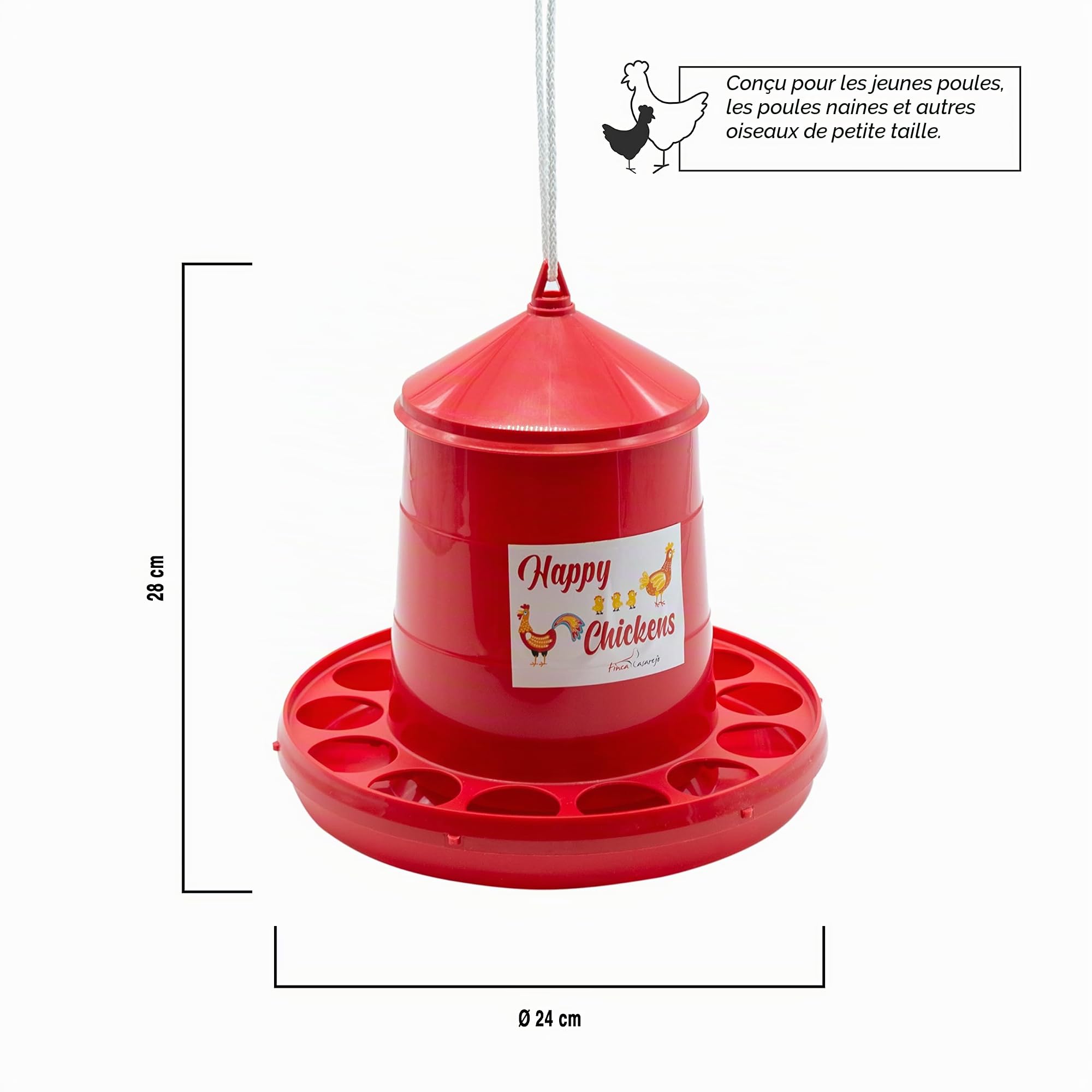 FINCA CASAREJO Pack Mangeoire 2 kg + Abreuvoir 3L pour Poules et Autres Volailles - Pack Happy Chickens - Corde Incluse pour Trémie