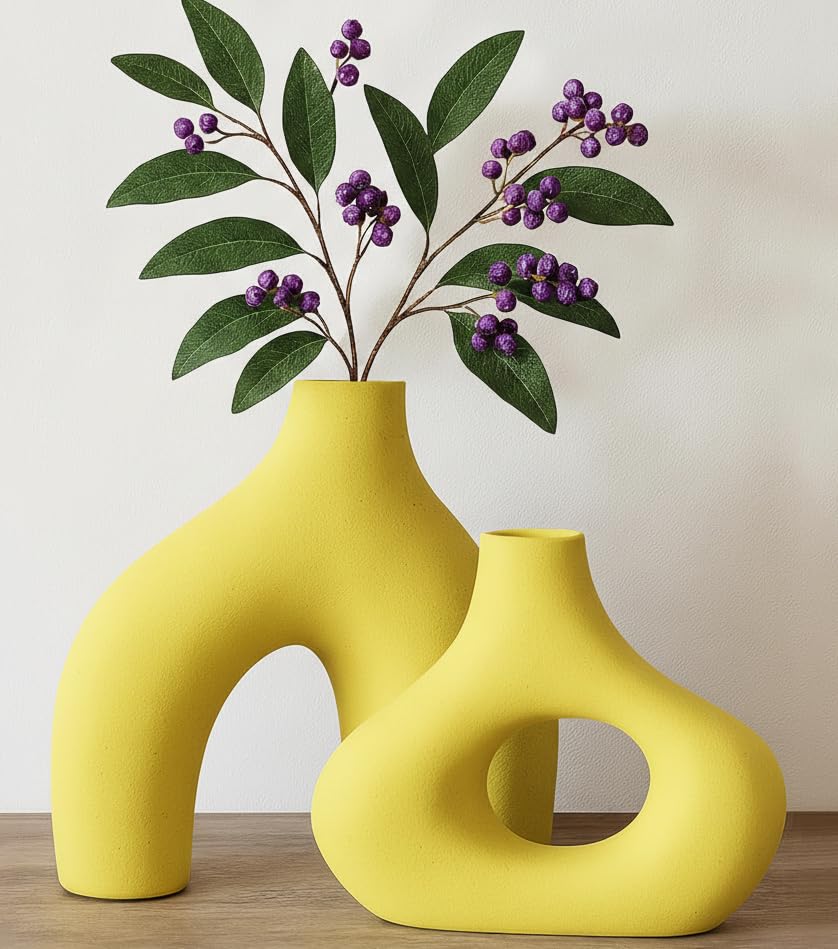 Image of PUREZENTO Abstract Yellow Ceramic Donut Vase 5.4 & 7.7 Inch - Set of 2 | Decorative Unique Modern Vase for Dried Flowers & Pampas Grass | Vases for Modern Home Decor, Living Room, Office Decor Ideas