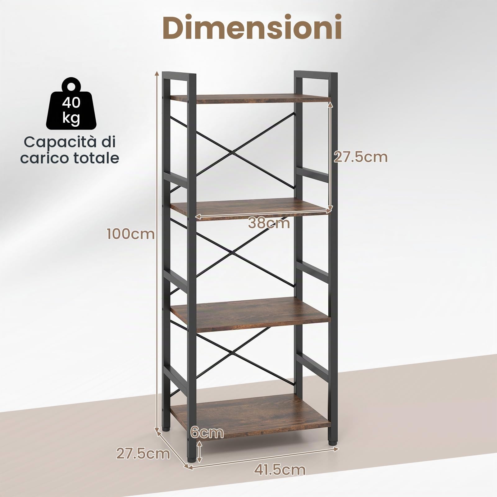 KOMFOTTEU Scaffale a 4 livelli, libreria verticale con ripiani aperti, mobile di stoccaggio stretto con struttura in metallo e dispostivi antiribaltamento per soggiorno, 42 x 28 x 100 cm (marrone e