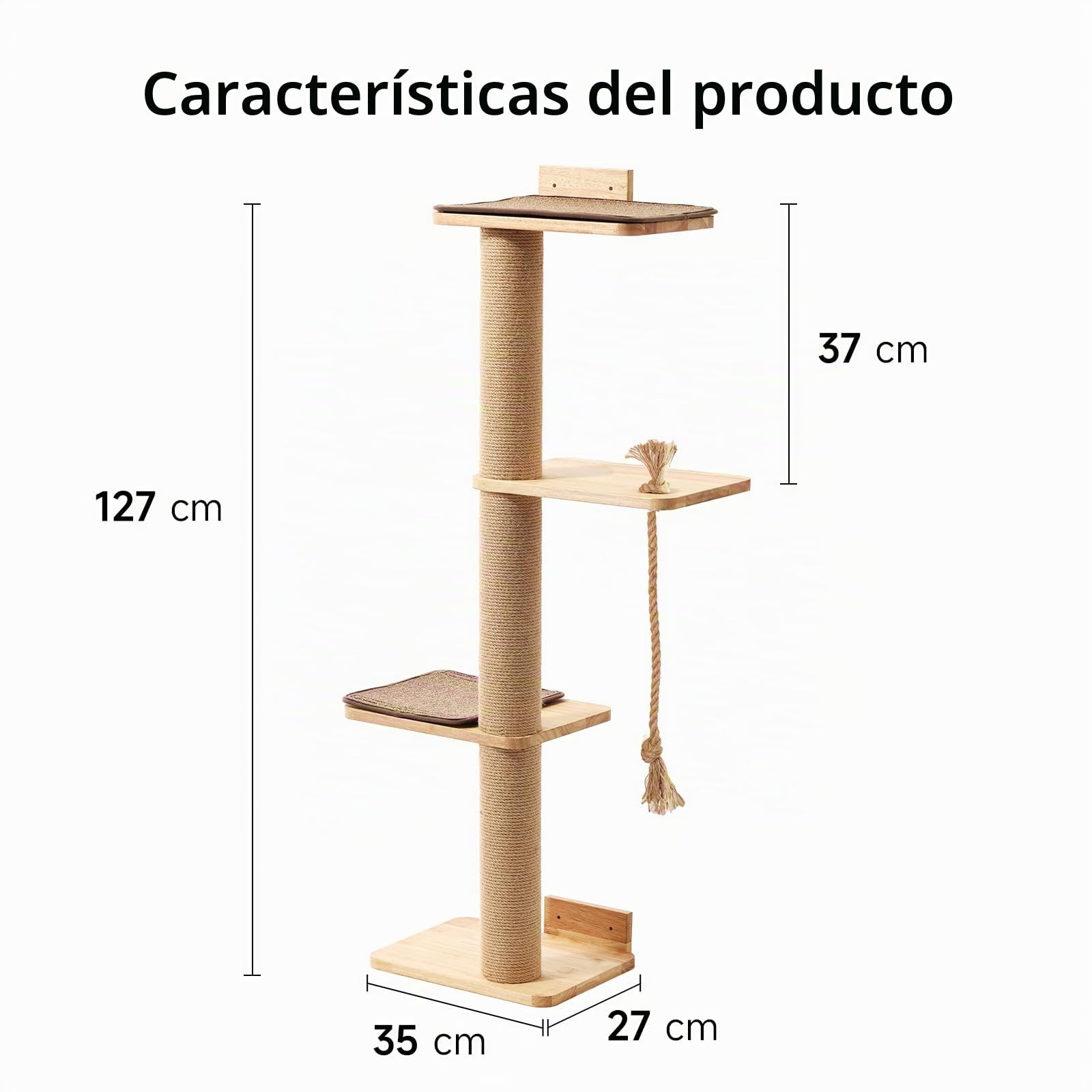 FUKUMARU Árbol para Gatos de 127 cm, Montado en la Pared, Con Cama, Poste Rascador y Colchoneta de Yute, Hecho de Madera de Caucho Sólida Natural, Grande