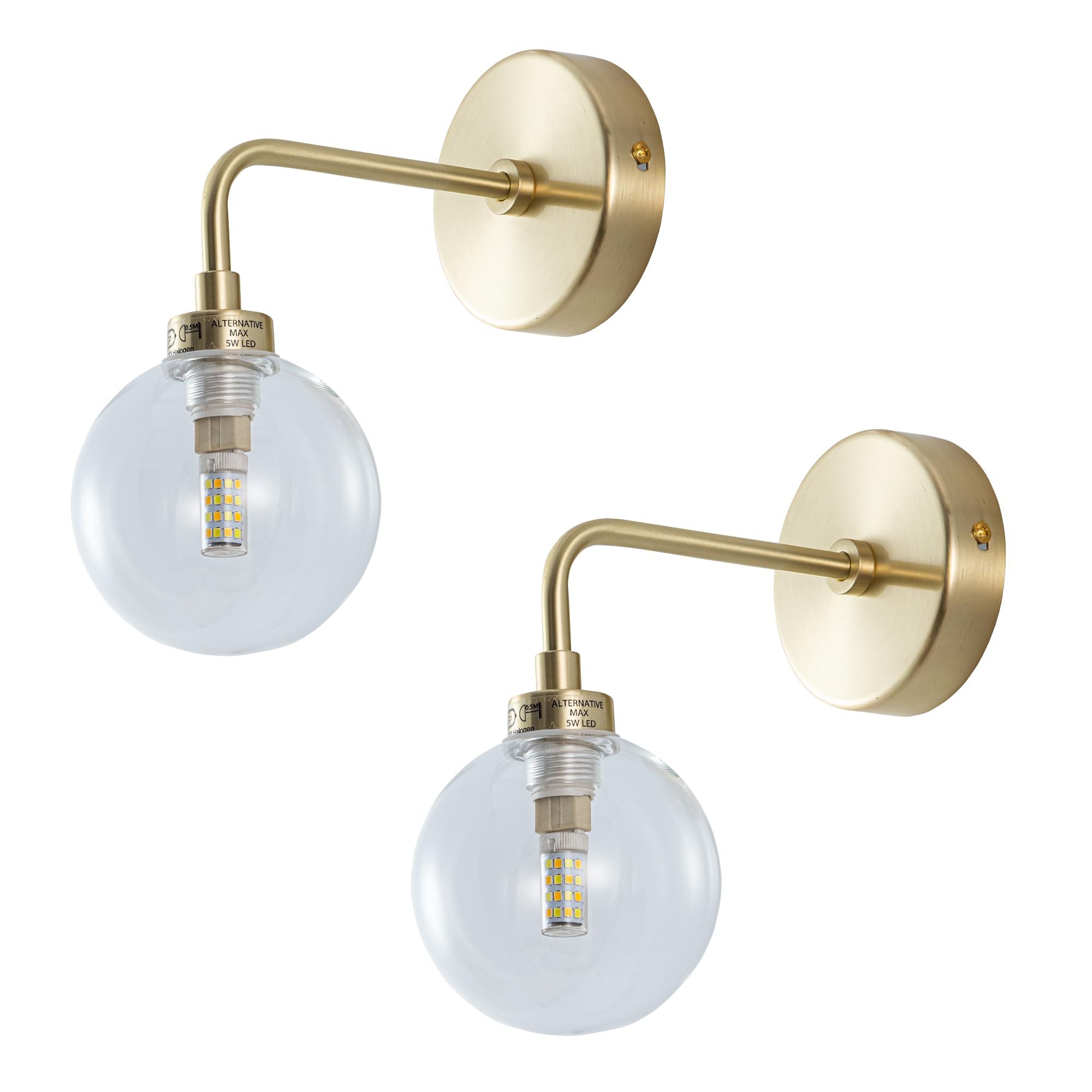 Firstchoicelighting Satin Brass & Clear Set Of 2 Toner - Satin Brass With Clear Glass Globe Wall Lights