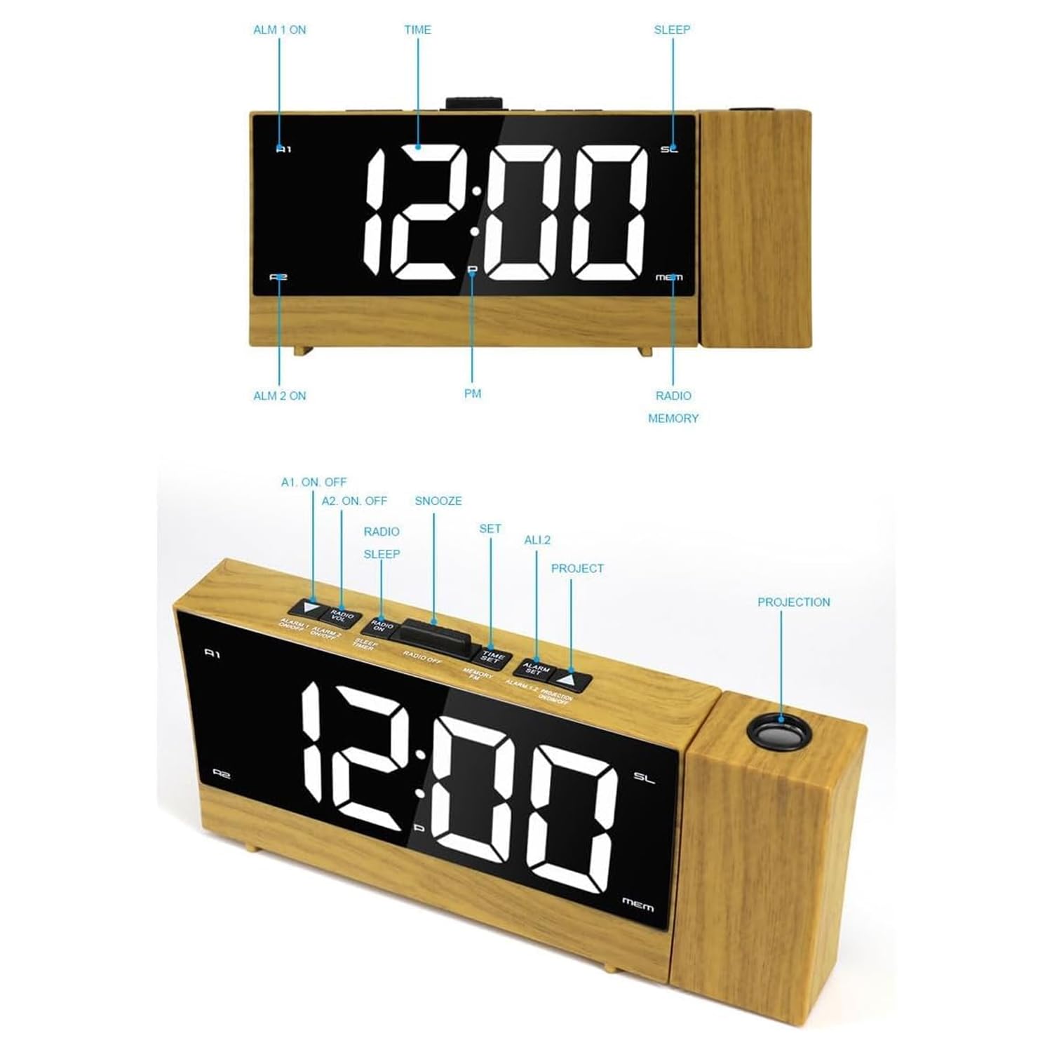 Budzik LED z projektorem obrotowym o 180°, wyświetlacz 1,8 cala, podwójny alarm, regulowana jasność, format 12/24 godzin, do domu i biura