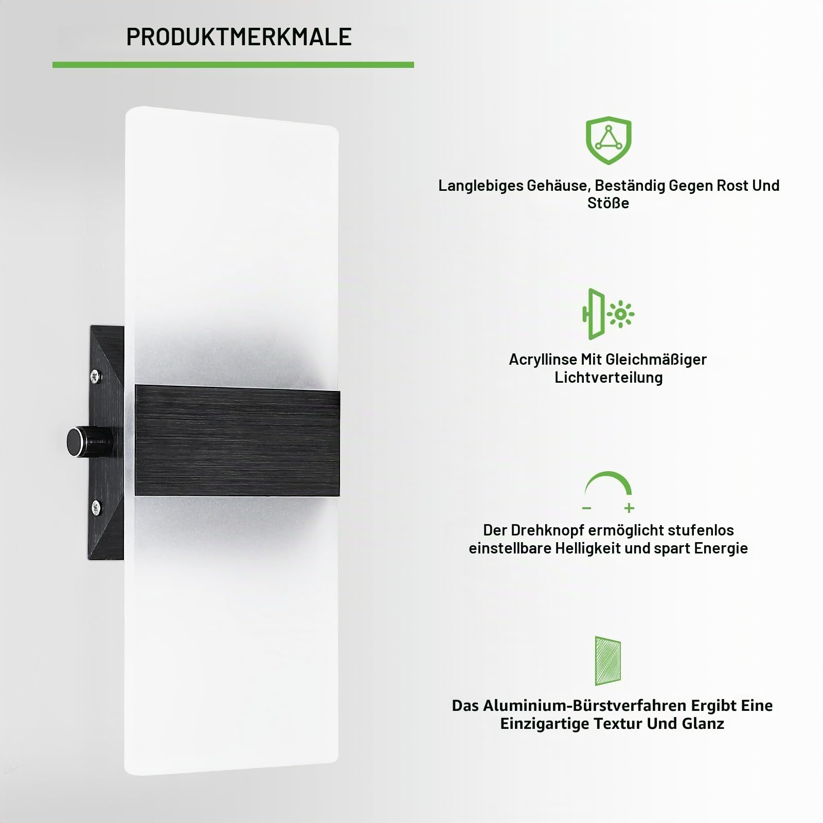 2 Stück Wandlampe mit Schalter Dimmbar Wandleuchte Innen Acryl | 12W 3000K LED Wandleuchte Für Treppenhaus Flurlampe Wand Wandlampe Schlafzimmer, 29CM, Warmweiß, Schwarz