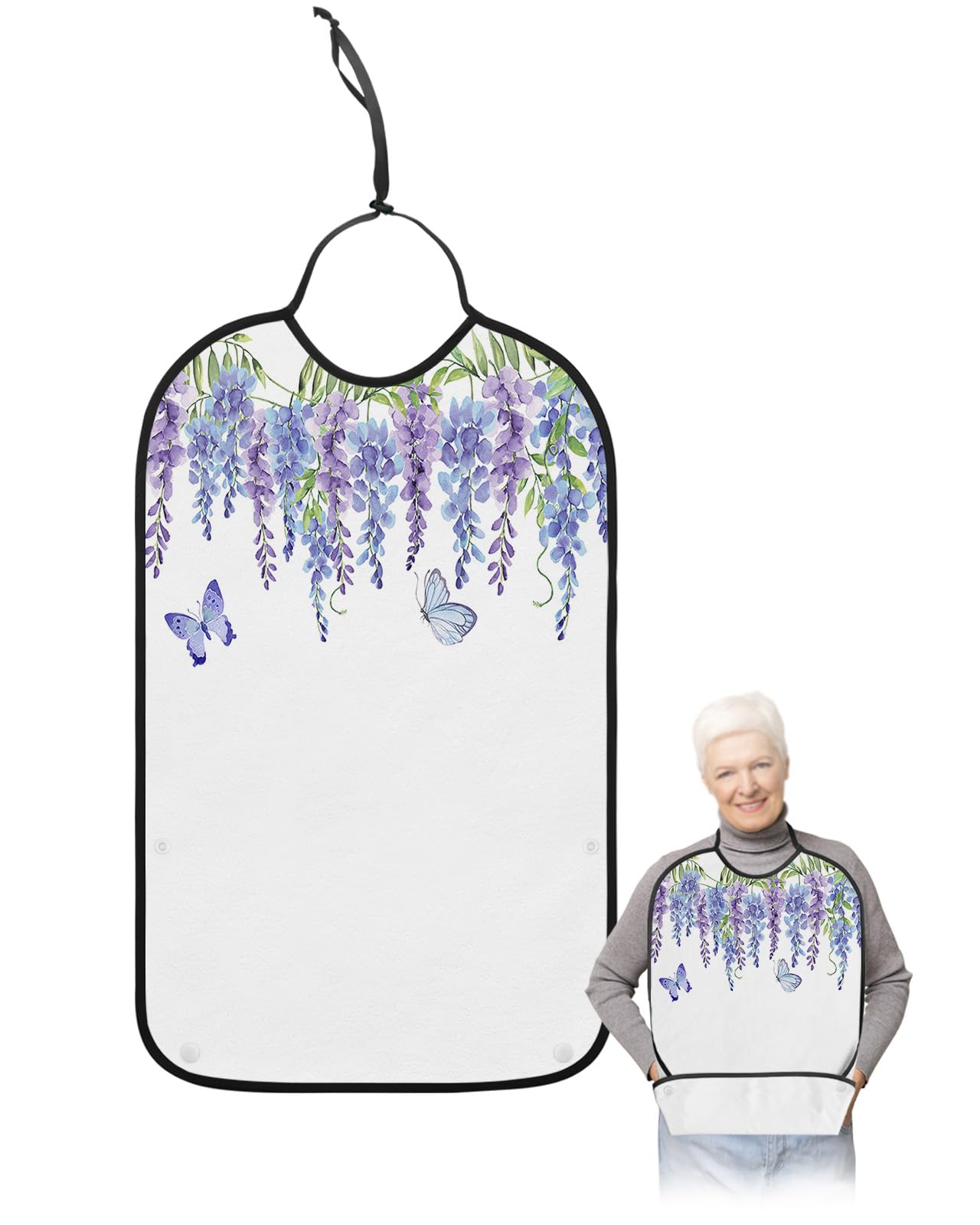 LEOKOTI Blue Purple Weeping Floral Adult Bibs for Eating, Waterproof Bibs with Food Catcher & Snap Closure, Spring Summer Botanical Butterfly Washable Clothing Protectors Adult Bibs for Elderly