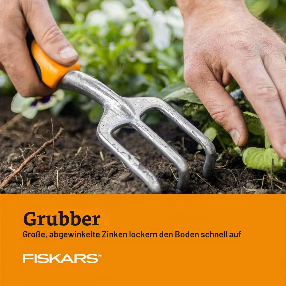 Fiskars Gartenwerkzeug-Set, 3 Stück, inklusive rostbeständiger Kelle, Pflanzgefäß und Kultivator, Gartengeräte für die Bepflanzung im Freien, ergonomisches Hofwerkzeug-Set – Gartengeschenke für Frauen