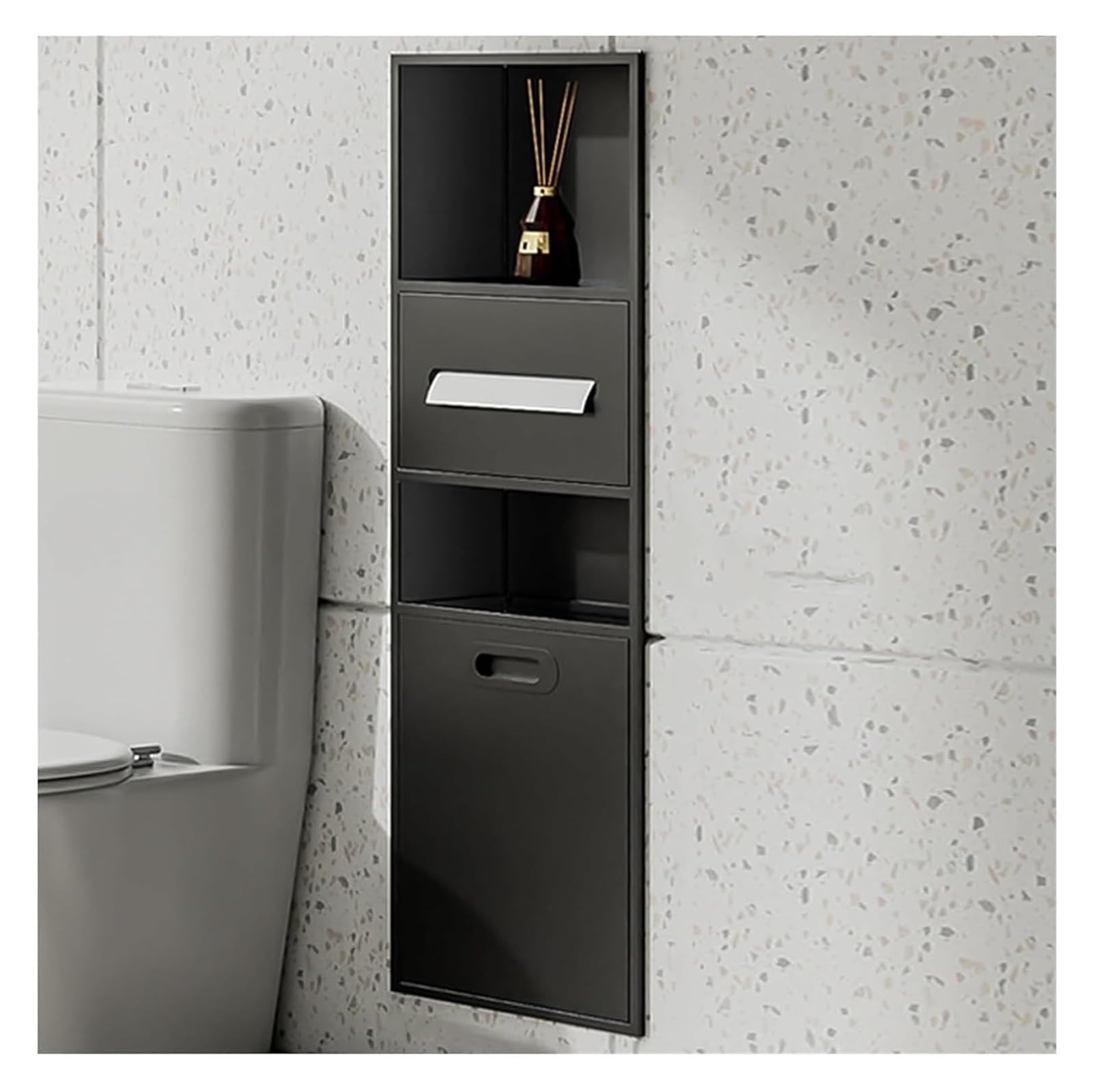 Nicchia doccia in acciaio inossidabile, nicchia a parete, nicchia inserita a parete, cestino per carta igienica da incasso, mensola per bagno, shampoo, articoli da toeletta, nero, 86 x 30 x 14 cm