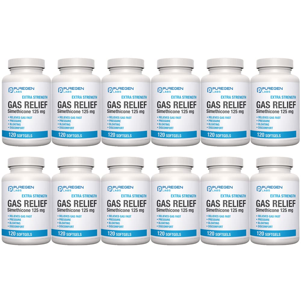 Puregen Labs Extra Strength Gas Relief Softgels with Simethicone 125 mg EXP 02/2024 | Fast Relieve of Pressure, Bloating and Painful Discomfort – 12 Pack | Total 1440 Softgels