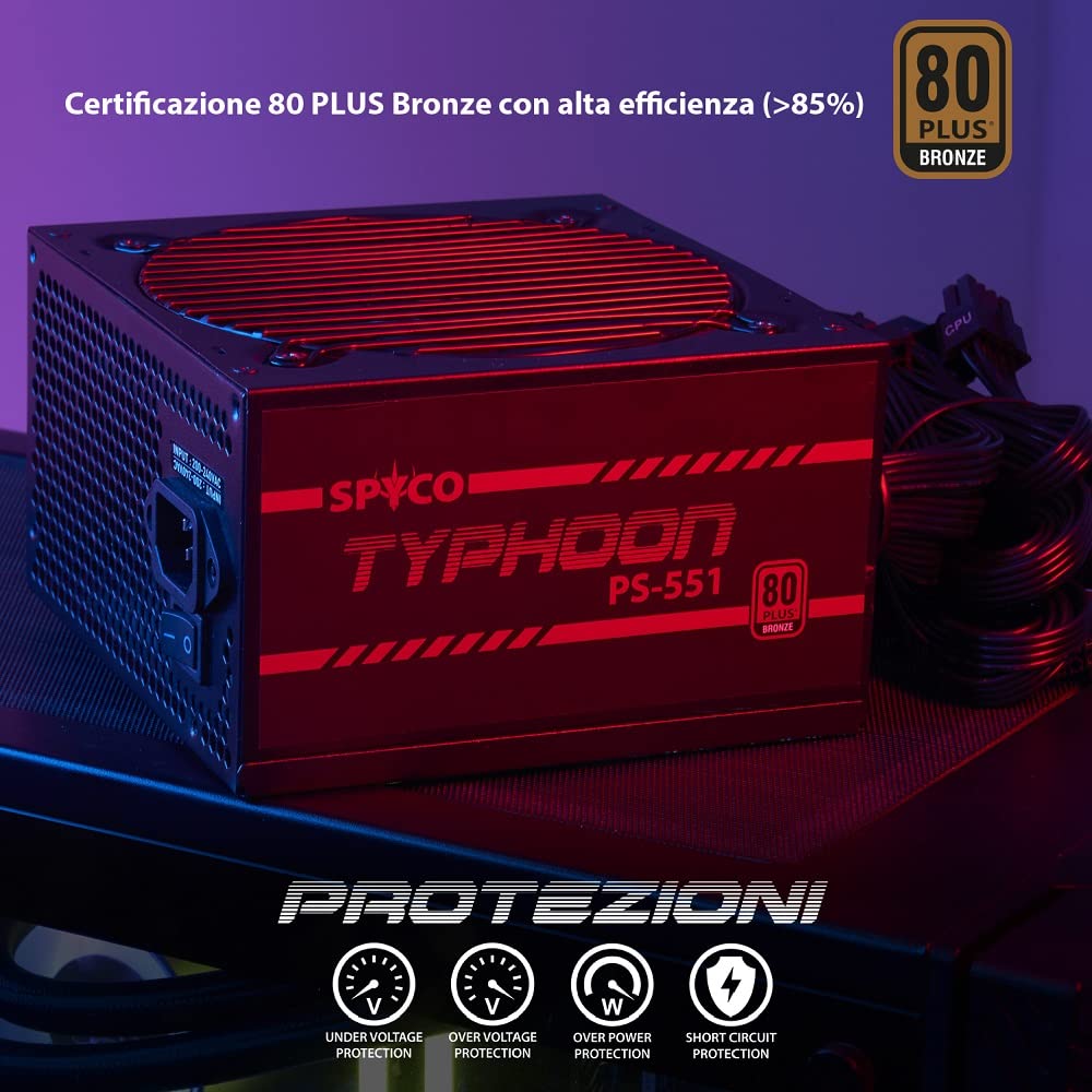 SPYCO - Alimentatore Gaming 550W PS-551, 80 PLUS Bronze, Ventola Silenziosa 12 cm, Condensatori Teapo, ATX 12V v.2.31, Design Compatto 140x150x86 mm, Alimentatore ATX 550W