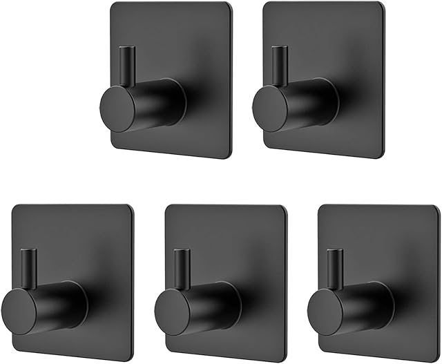 5 Pack Self-Adhesive Towel Hook, homeasy 5kg Bathrobe Hook Wall Hook 3M Stainless Steel Brushed Stainless Steel Bathroom and Kitchen Towel Rack Coat Hook No Drilling Black (O-Shaped)