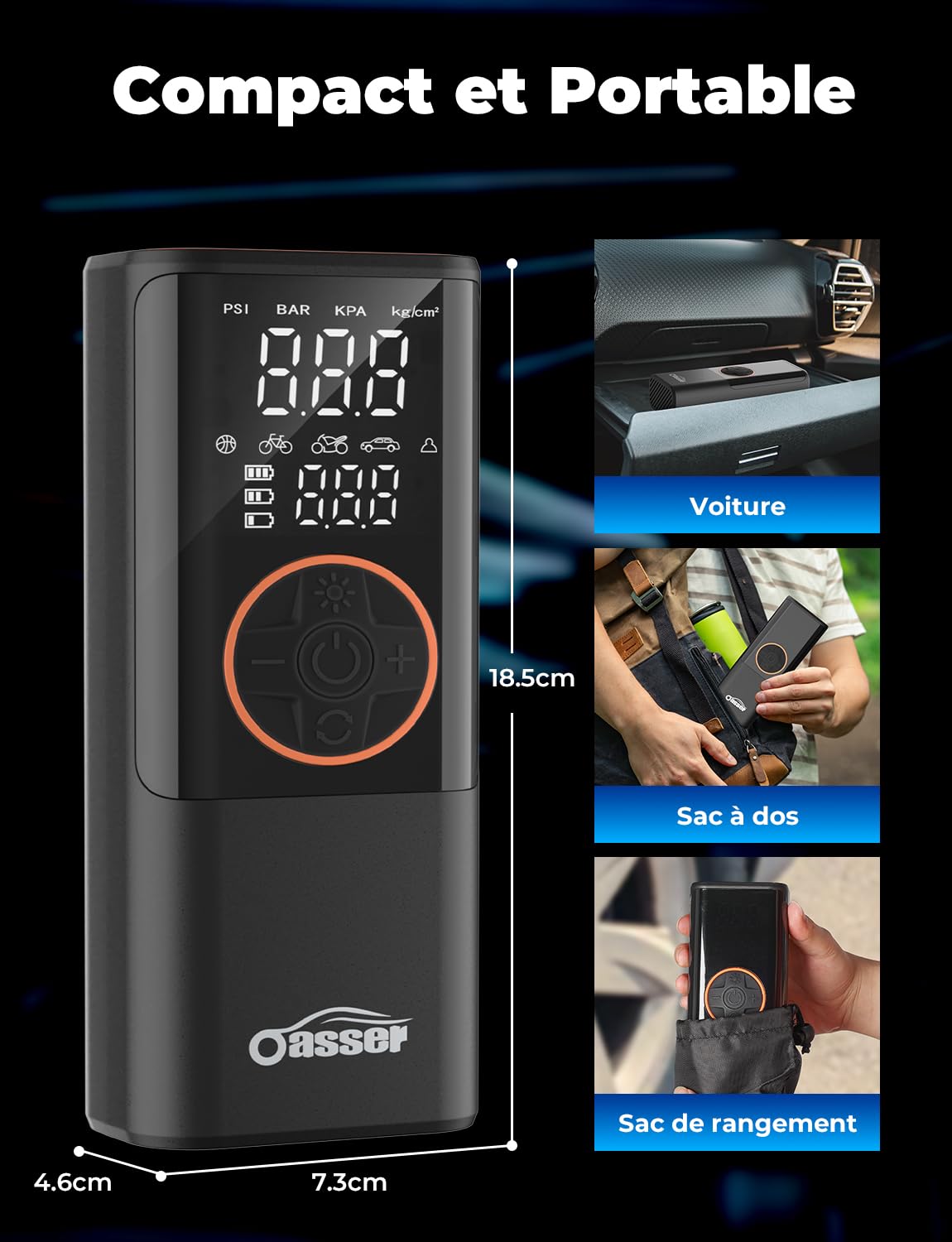 Oasser Gonfleur Pneus Voiture sans Fil 6000mAh Mini Compresseur à Air Portatif 150 PSI (10,3 Bar) Inflation Rapide Cylindre 19 mm Affiche 2 Valeur avec 3M Allume-Cigare 12V et Sac de Rangement
