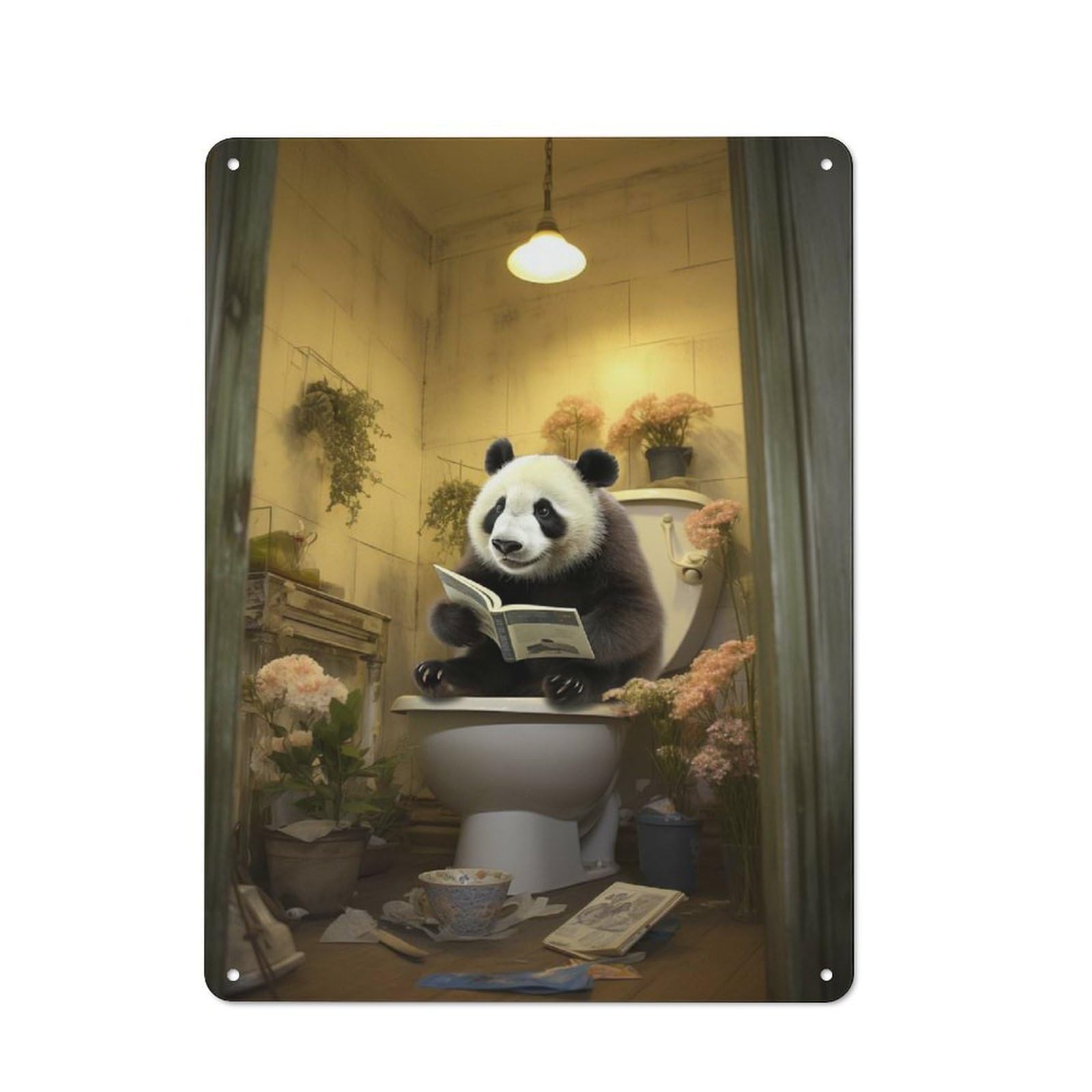 Junmoney Panda Reading On Toilet Retro Metal Wall Sign 40X30cm For Studio Or Craft Room, For Metal Sign Collectors, For Garage And Workshop Walls