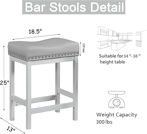 Miniatura 3 de OUllUO Juego de 2 taburetes de bar grises, taburetes de bar de altura de mostrador, taburetes de silla de montar, taburetes de piel sintética con