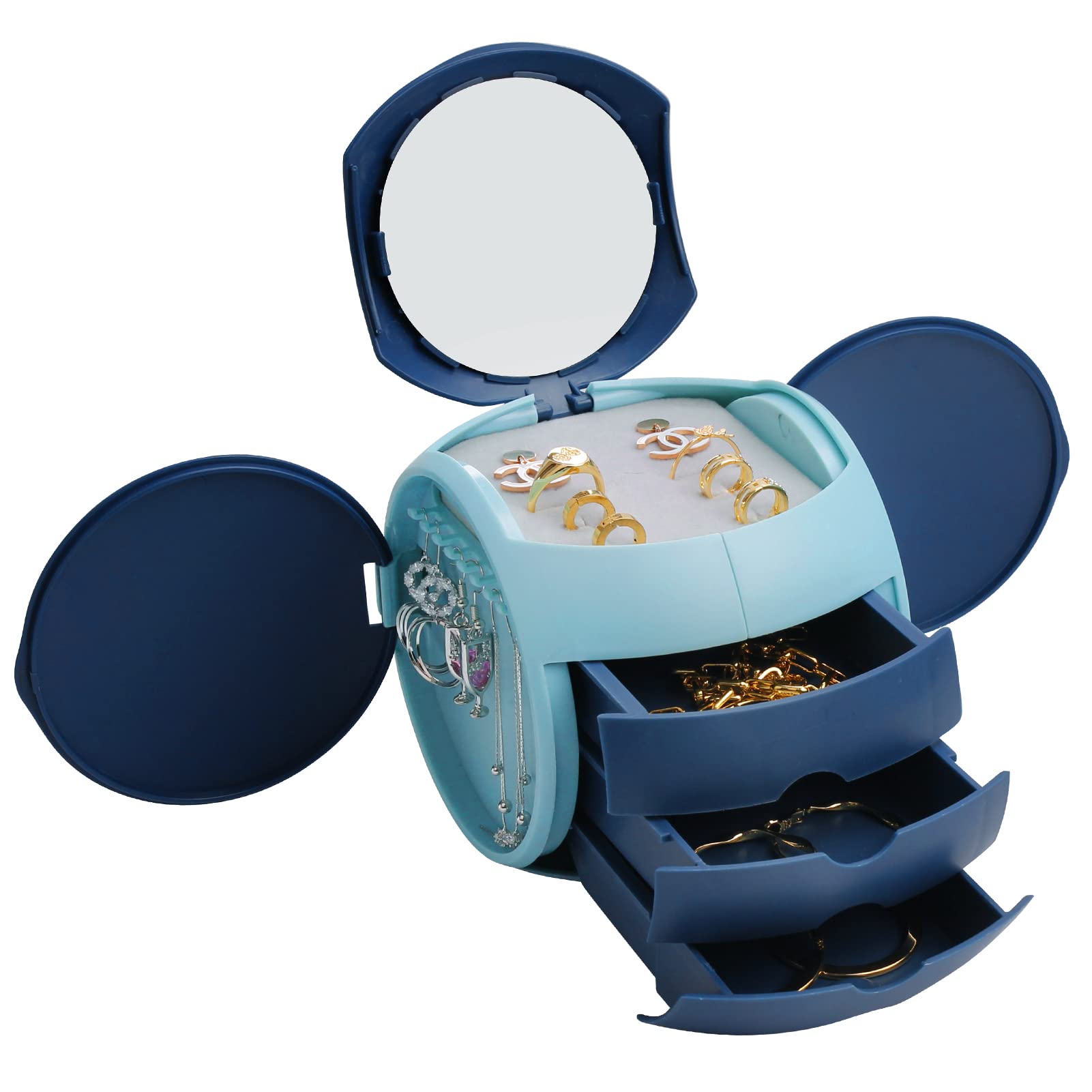 SOPHIE LENA Jewelry Box Organizer for Women Girls, 3-Drawer Jewelry Storage Box with Mirror Jewelry Travel Case Holder Compact Drawers Set (Blue+Cyan)