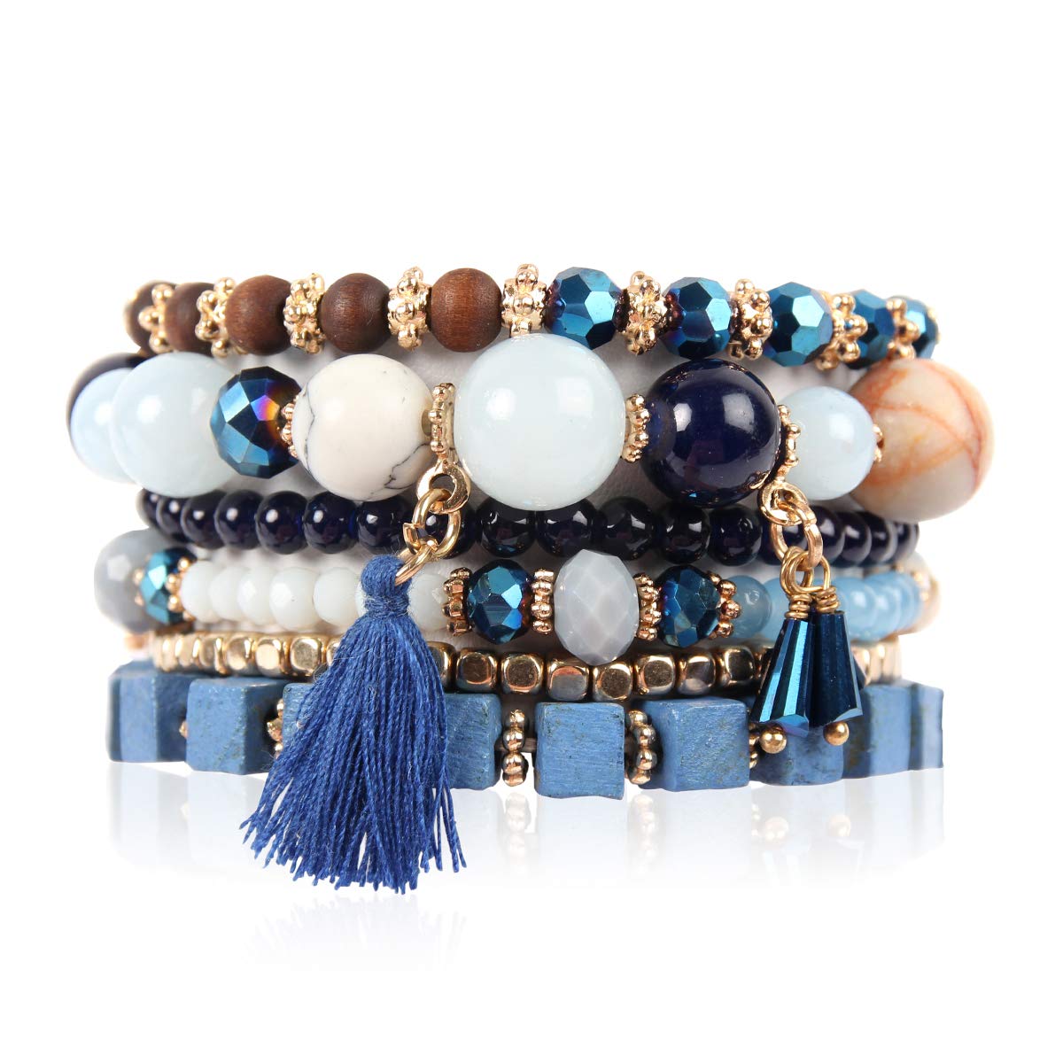 RIAH FASHION Multi Layer Versatile Statement Bracelets - Stackable Beaded Strand Stretch Bangles Sparkly Crystal, Wood Bead, Tassel Charm Pendant