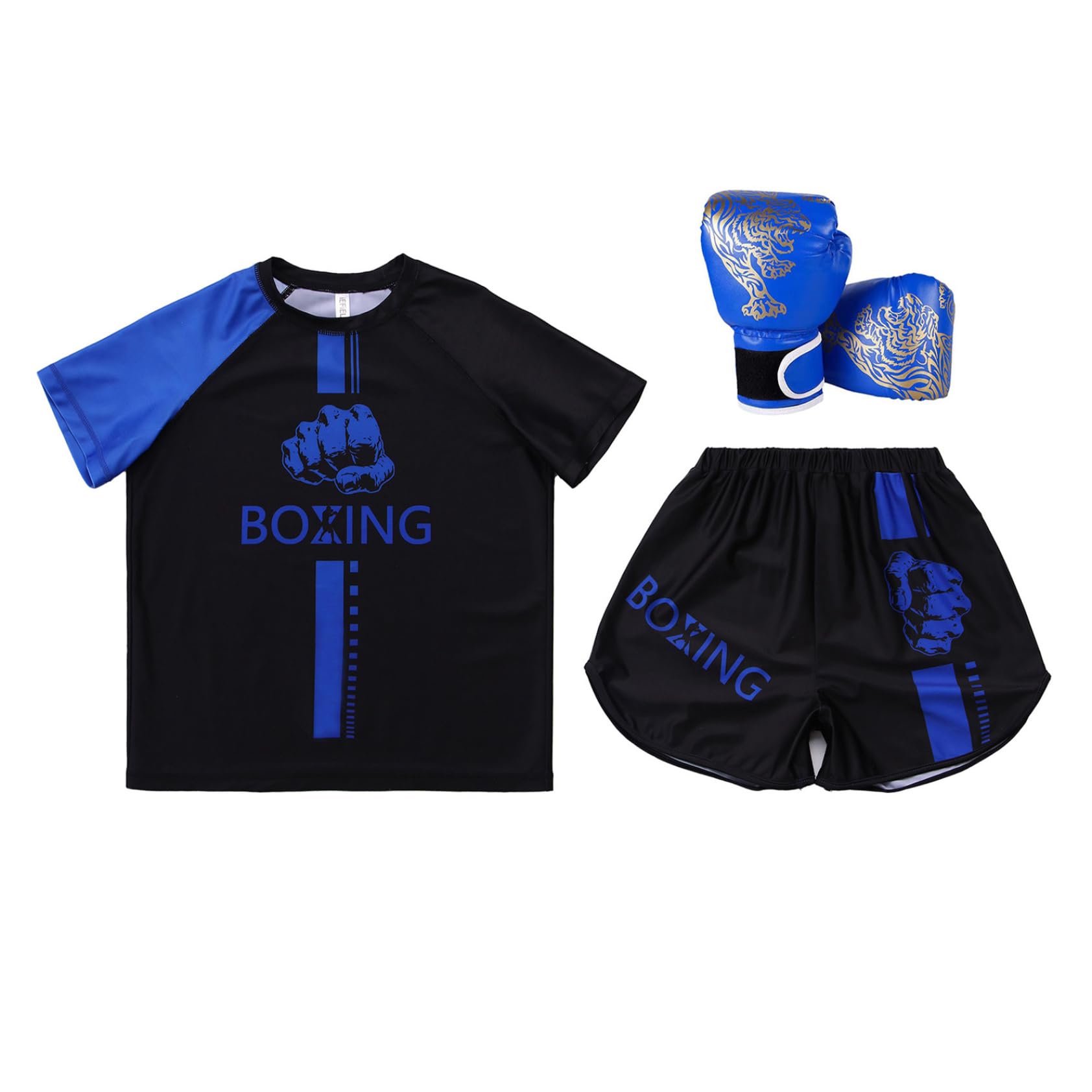 Conjunto de traje de boxeo para niño y niño, camiseta + pantalones cortos + guantes de boxeo Muay Thai MMA Kickboxing