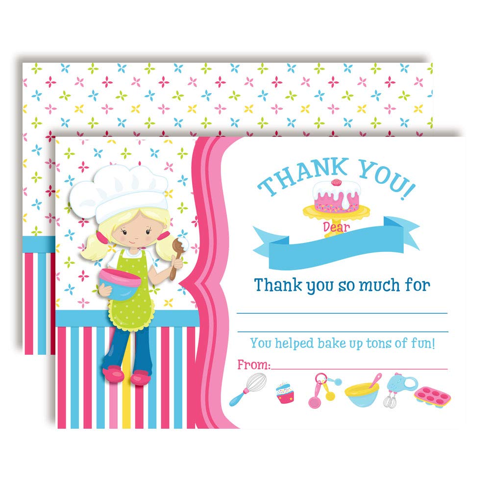 Amanda Creation Bake Up Some Fun Cooking and Baking Theme Girls Birthday Thank You Cards, 10 Fill-In 4x5.5 Cards with White Envelopes, Cute Bakery