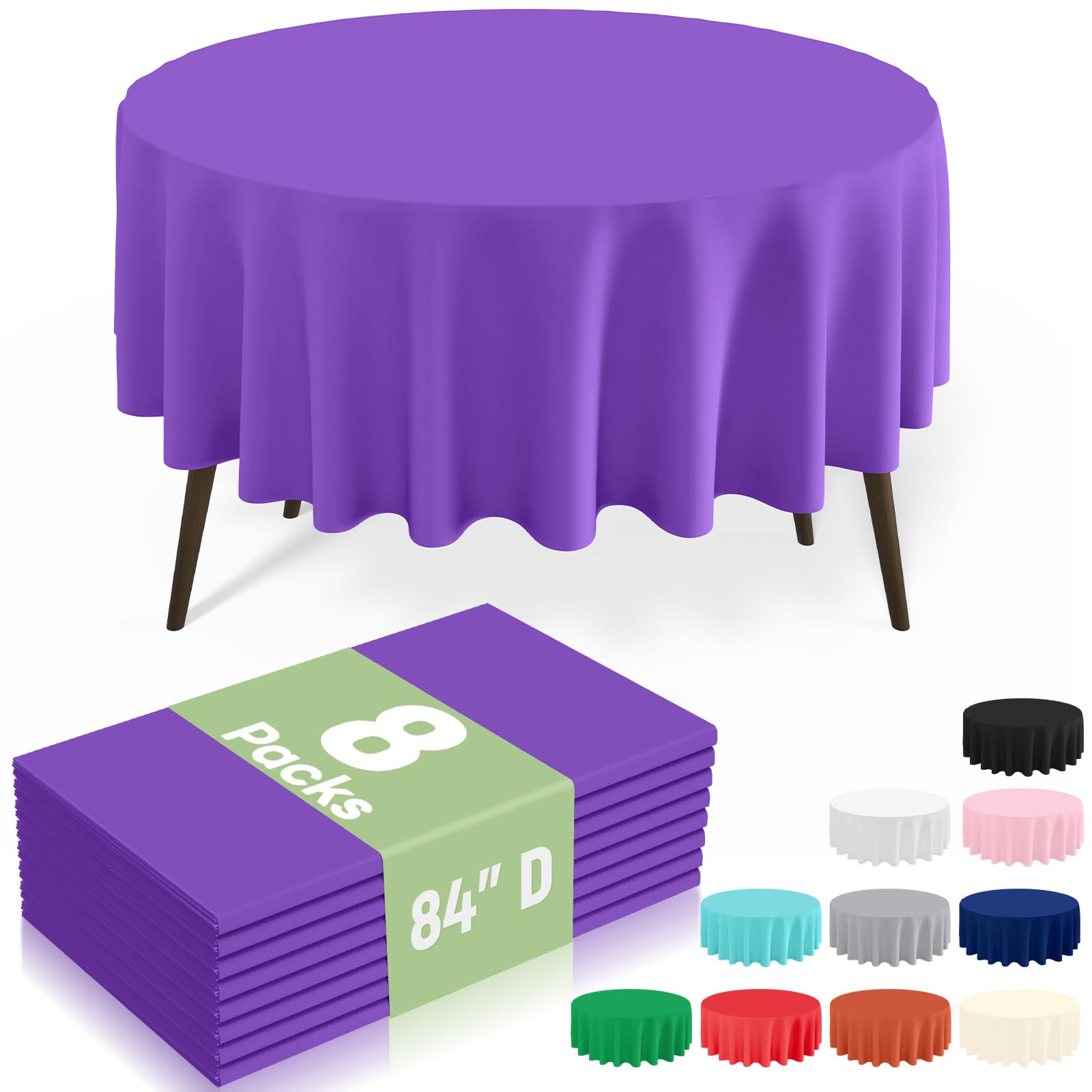 misaya 8 Packs Disposable Plastic Table Cloth, 84" Round Waterproof Tablecloth, Leakproof &amp; Sturdy Decorative Table Covers for Picnic, Party, Outdoor and Back to School, Purple