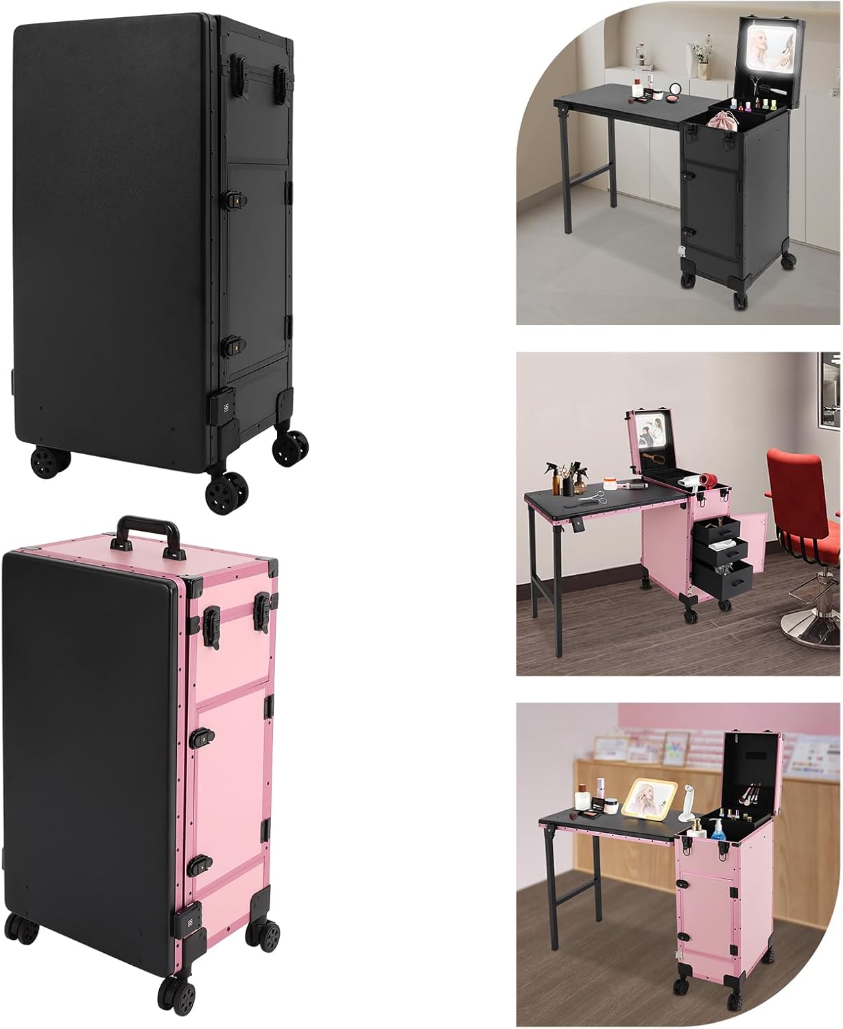 Rolling Makeup Case with 3 Drawers, Lockable Makeup Train Case with Foldable Nail Desk, Portable Mobile Manicure Table with LED Mirror & Handle, Nail Table for Nail Tech Makeup Artist (Pink)