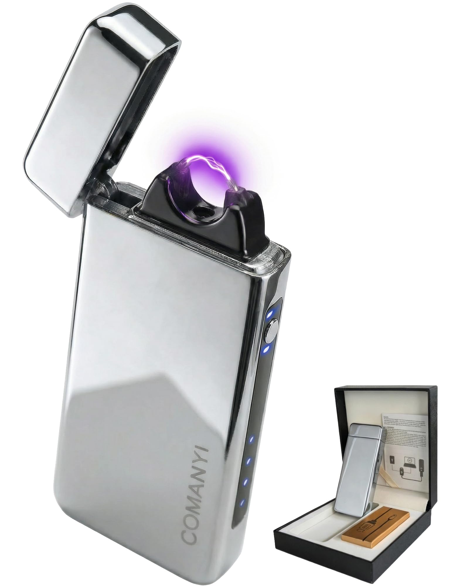 Encendedor eléctrico a prueba de viento, encendedor eléctrico de llama, encendedor de arco de llama, encendedor recargable USB, encendedor de llama con indicador de batería (plateado)