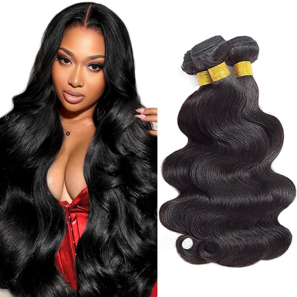 Photo 1 of #1B Body Wave Bundles Human Hair 18 20 22 Inch Unprocessed Brazillian Virgin Remy Hair 3 Bundles 150 Gram Natural Black Body Wave Human Hair Extensions