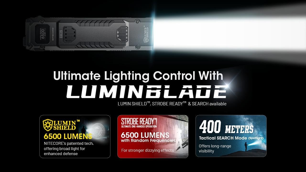 Nitecore EDC29 LUMINBLADE showing LUMIN SHIELD, STROBE READY, and 400 Meters Tactical SEARCH Mode.