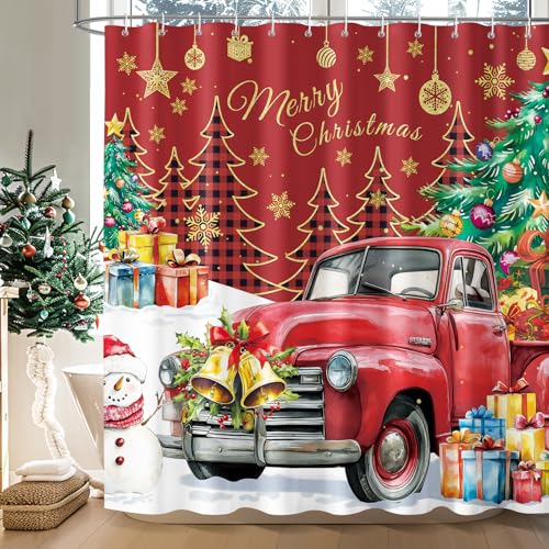 Dazzlewall Merry Christmas Shower Curtain, Farmhouse Red Truck Christmas Tree