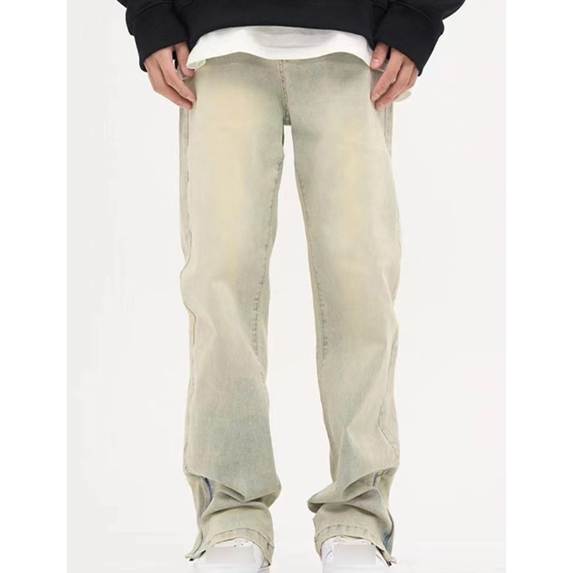 Men's Waist Flat Front Zipper Denim Pant Regular Fit Retro Design Jeans Athletic Comfy Washed Lightweight Jean (Yellow,X-Large)