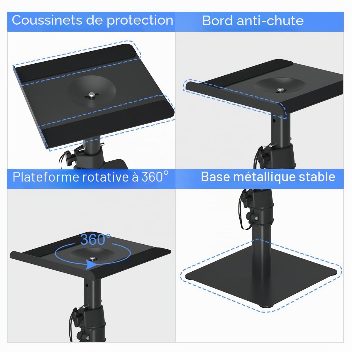Suptek Universel Pieds Enceintes, Support d'enceinte Autonome pour Bureau, Plateaux de 9,6 x 8,8 Pouces, Réglage de La Hauteur et de l'inclinaison, Supports Audio Universels, Lot de 2, Noir, SDM001T