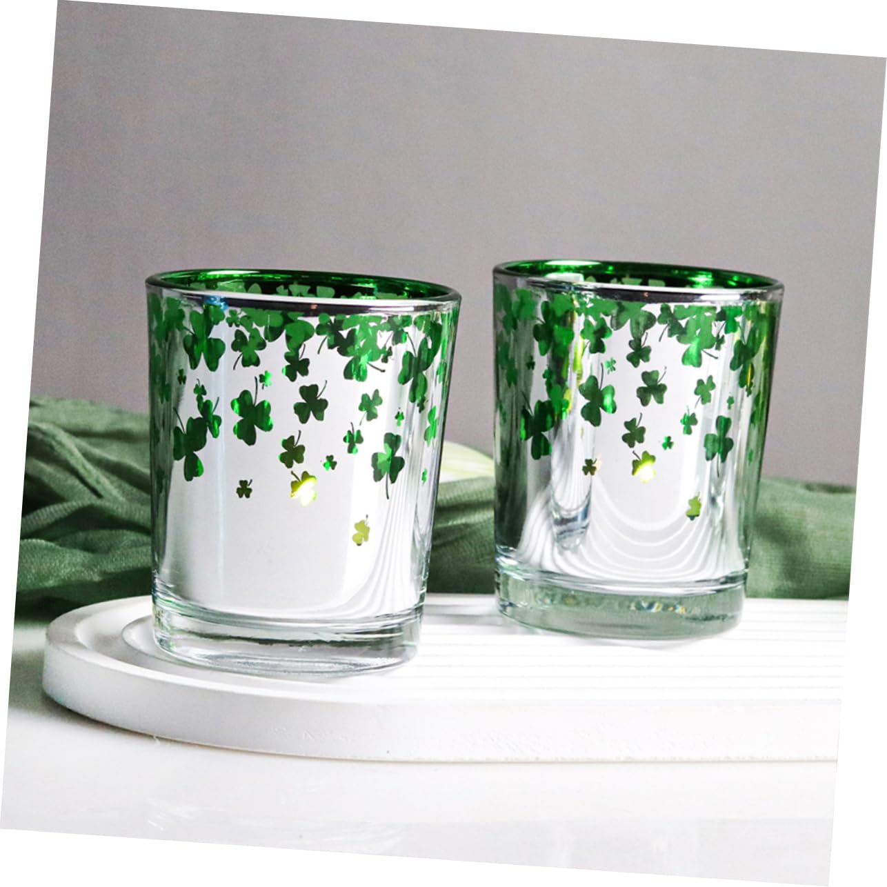 12pièces Bougeoirs Verre Vert pour Saint-Patrick Motif à Quatre Décorations Festives pour Intérieur Bars Et Cafés