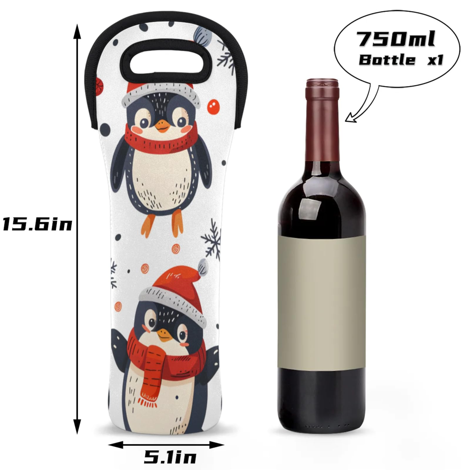 Neoprene Wine Tote Carrier Bag for Wine,Water, Champagne, Beer, Baby Bottles 15.6 x 5.1 Inches, Protective Wine Bag,Cute Penguins