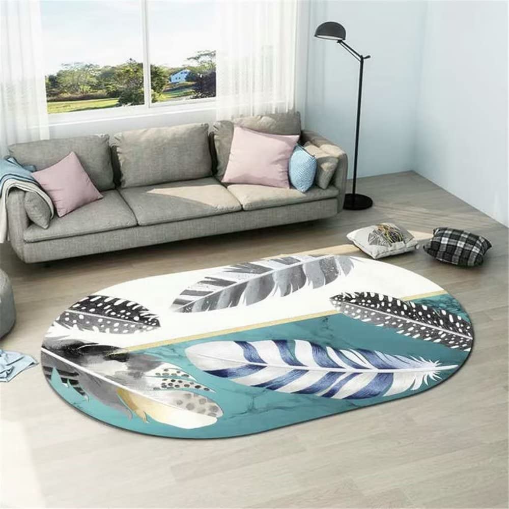Tapis enfant fille salon 180x280 grand revêtement de sol doux bleu motif plumes