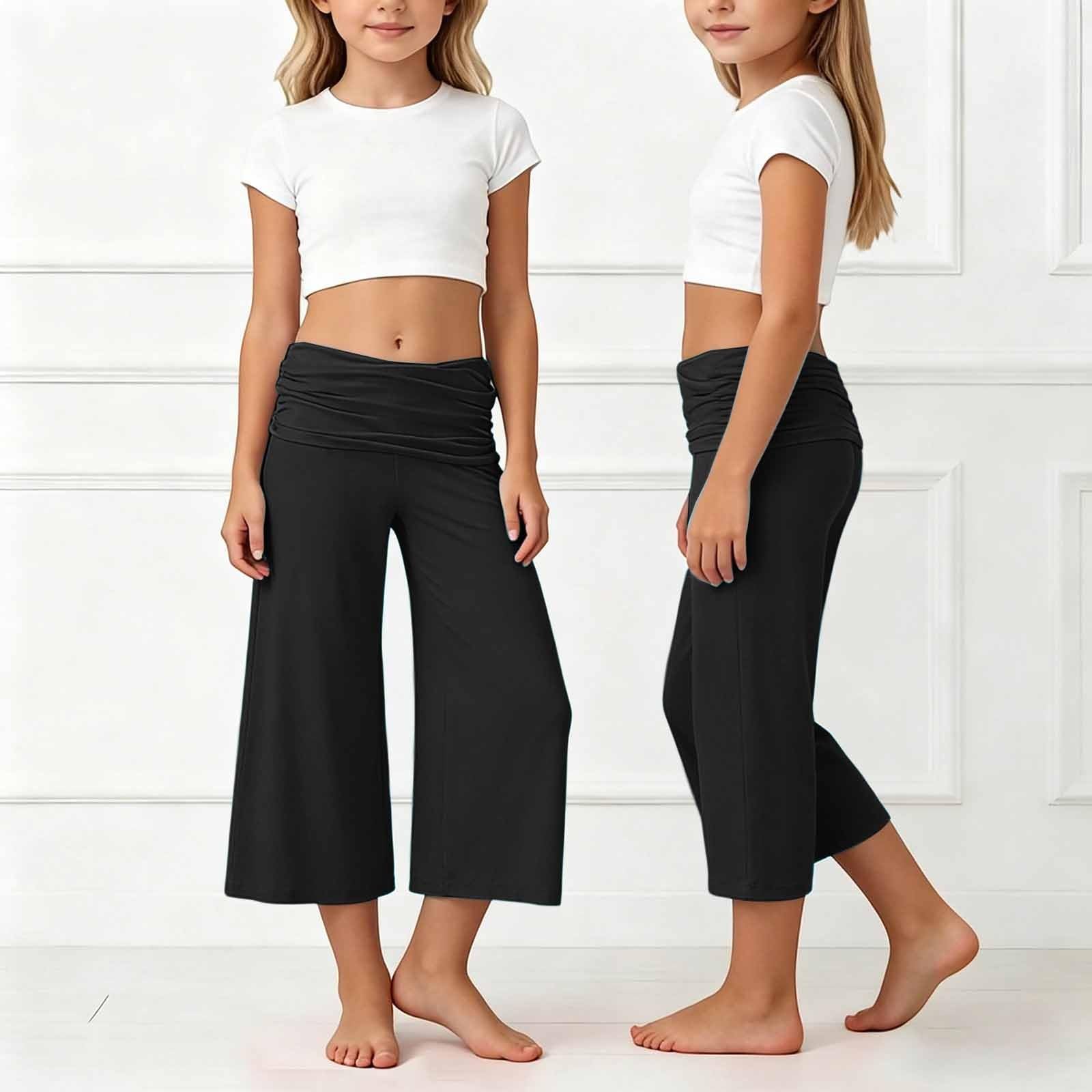 3/4 Coral Fold Over Yoga Pants Mädchen Weite Bein Caprihose Mit Raffung Loose Fit Uni Lounge Hose Mit Hohem Umschlagbund Korallfarbene Faltenhose Sommer Low Waist Dreiviertel Schlaghose 5-14 Jahre