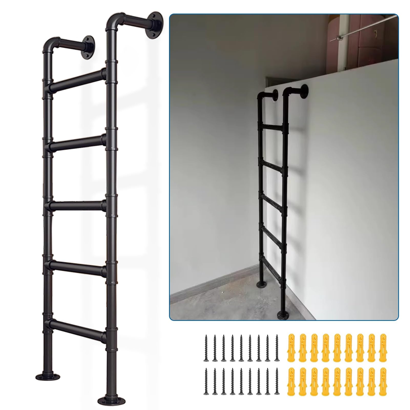Escalera de Tijera de Metal Negro Antideslizante y Resistente - 3/4/5 peldaños para el hogar, la Oficina y la Cocina - Escalera Segura Multiusos para Escape de Incendios