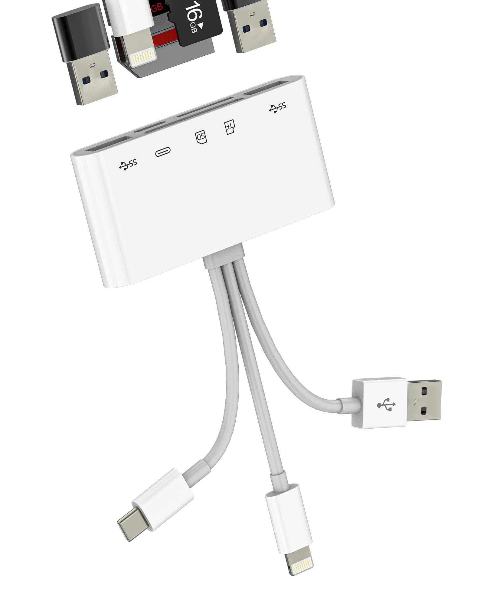 SD Card Reader for Iphone 17 16 15 14 Pro Max USB C Lightning Adapter (5in3) Digital Camera Micro SD Memory Stick Accessories Hub Dual Plug Dongle TF Slot for Apple Charger Adaptor Macbook PC for Ipad-image-18