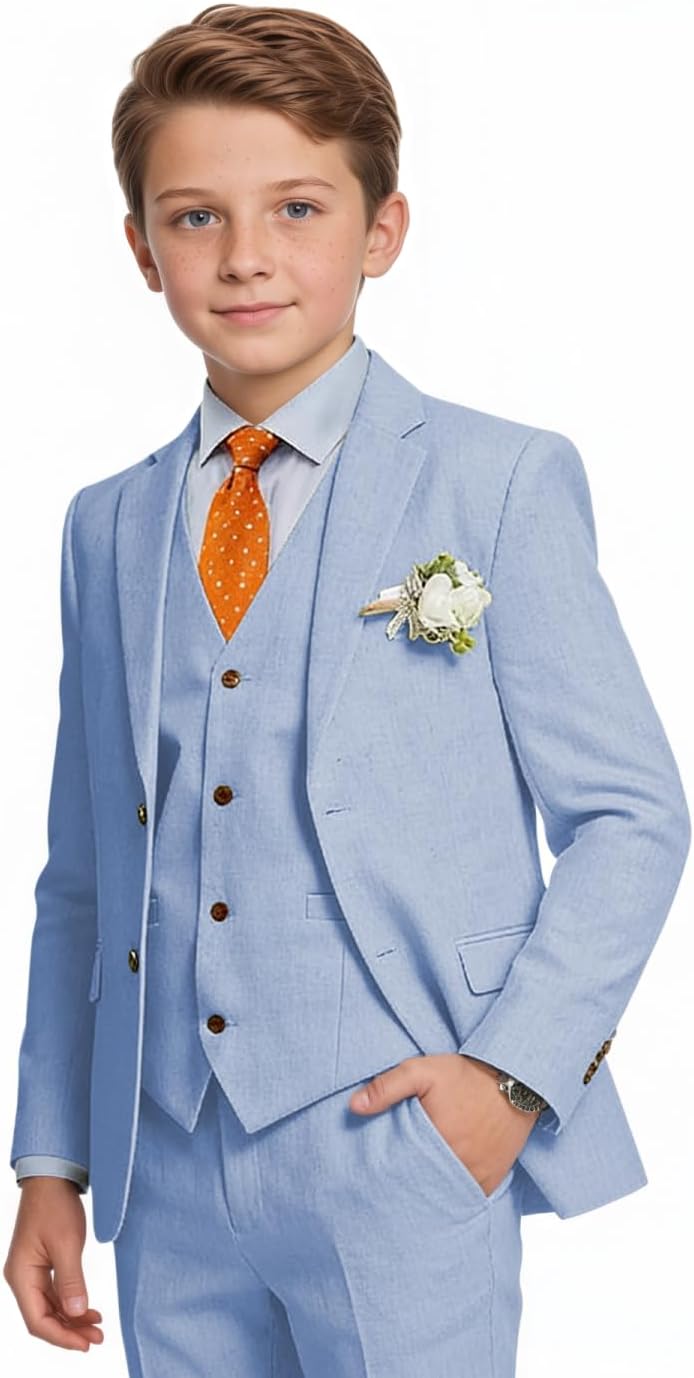 Boys Linen Suits Formal 3 Piece Beach Wedding Suits for Boy with Jacket Vest Pant Set Kids Dinner Party Tuxedo