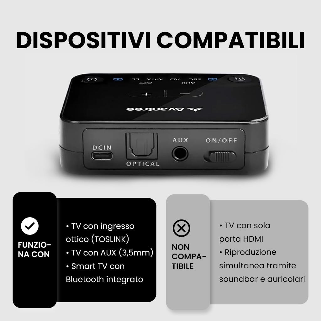 Avantree HT4186-Q - Cuffie Wireless Auricolari a Collana Senza Fili per TV, PC con Trasmettitore Bluetooth, per Audio Ottico Digitale, AUX 3.5mm, Plug & Play, Nessun Ritardo Audio