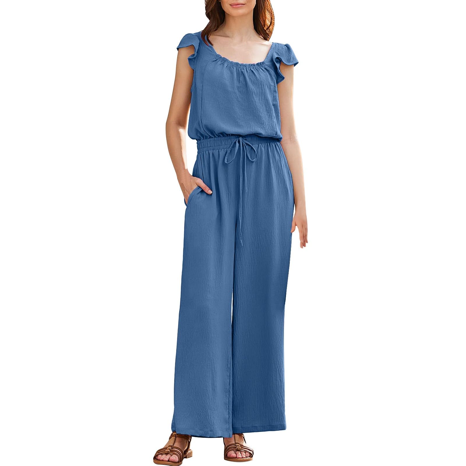 Tuta estiva da donna con maniche in mussola elegante | tasche, gamba larga, monopezzo, maniche a volant, tutina lunga con coulisse, tinta unita, per tutti i giorni