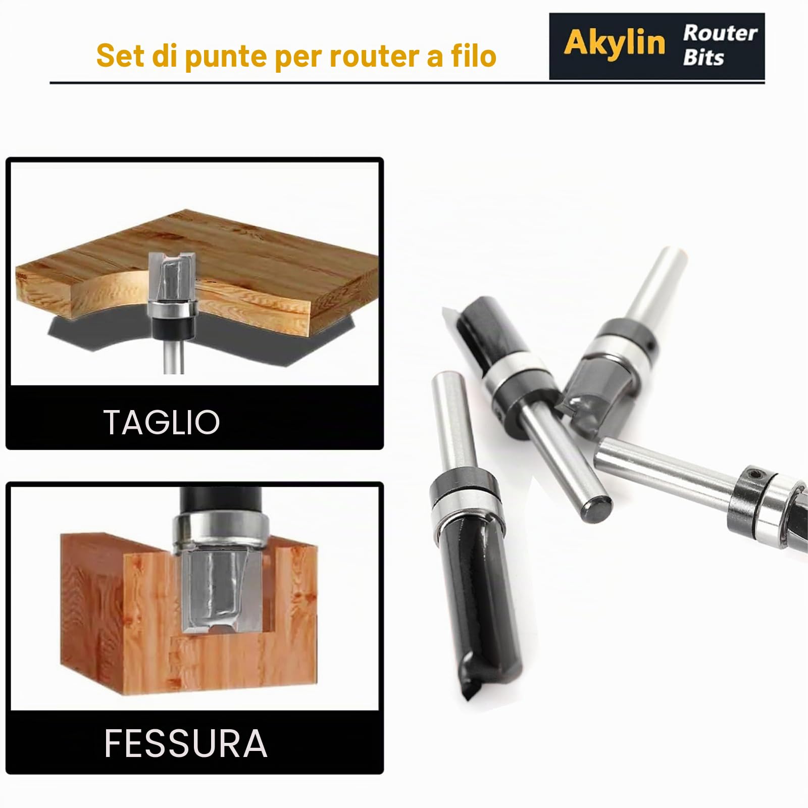 Set di 4 frese da copiare in legno a gambo da 6 mm, con cuscinetti a sfera, strumento da taglio professionale per router per legno