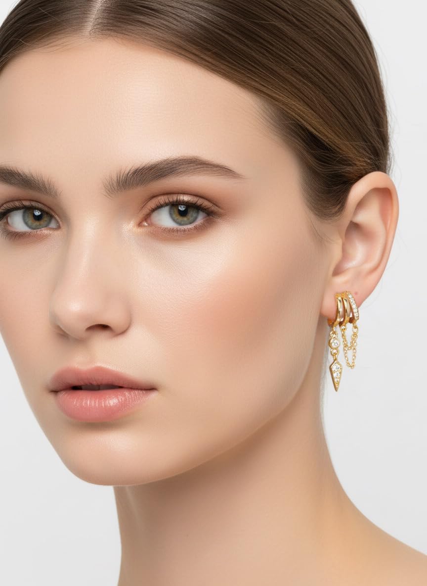 FAN&LOUIS Gold Clip On Earrings for Women, 24K Gold Plated Trendy Triple Huggie Hypoallergenic Non Pierced Earrings Dainty Dangle Chains Drop Painless Lightweight Clip-On Earrings - Image 4