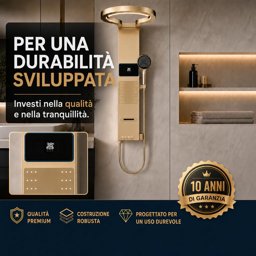 INEX EUROPA Pannello doccia termostatico di lusso color oro - Colonna doccia idromassaggio con 10 anni di garanzia e 4 modalità di funzionamento - Torre doccia alta 105 cm, collezione Daytona