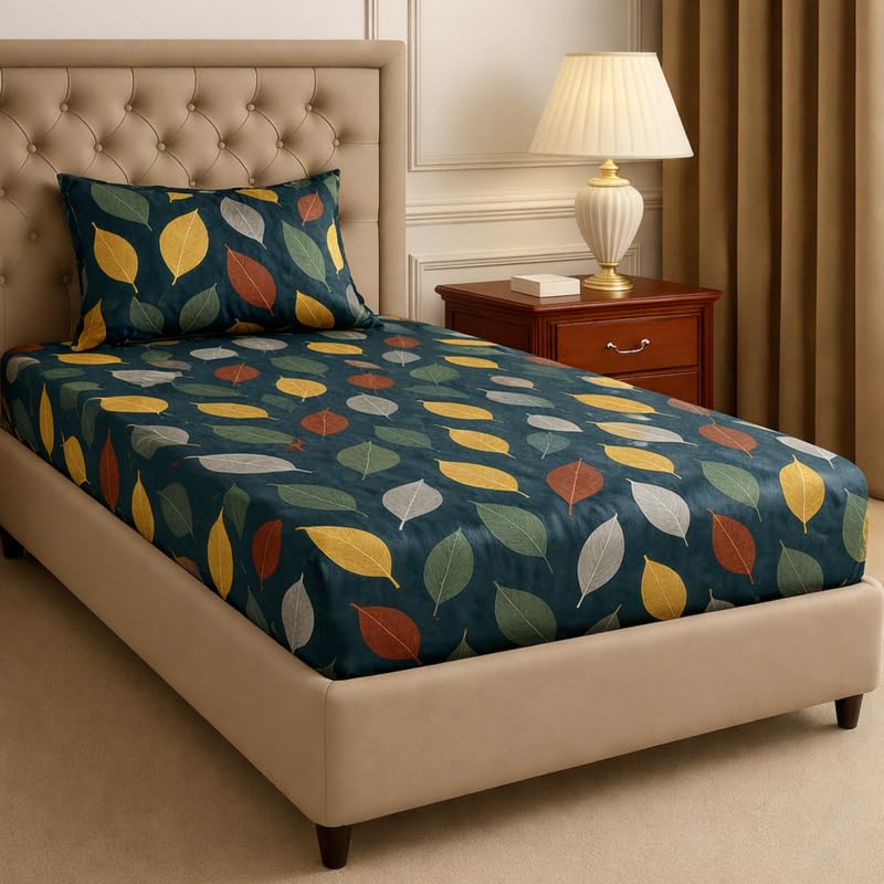 Image of Pure Cotton All Round Elastic Fitted Bedsheets with 1 Pillow Cover | Single Mattress Bed Breathable| Longlasting | Supersoft Size - 36 x 72 + 6 inches (Abstract, Color -Midnight Teal)