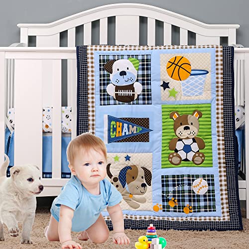 Brandream Sport Crib Bedding Sets For Boys | Champ Dogs Baseball Basketball Football | 3-Piece Patchwork Sport Baby Nursery Set Blue - Crib Quilt, Fitted Crib Sheet, Crib Skirt Included #TOP25