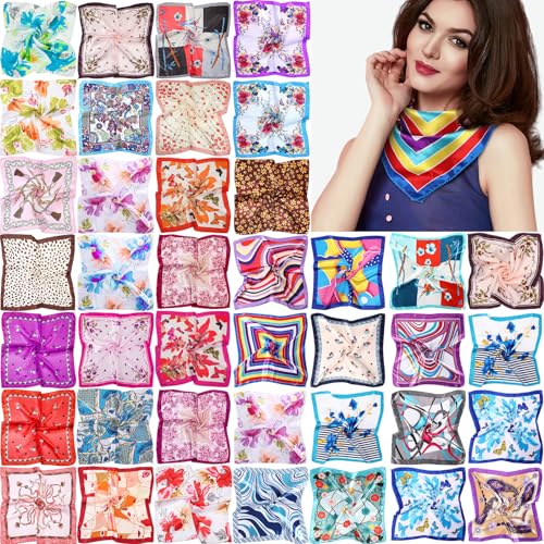 Handepo 40 Pieces Women Head Scarf Satin Square Silk Feeling Mixed Color Hair Neck Head Scarf Set, 19.69 Inch