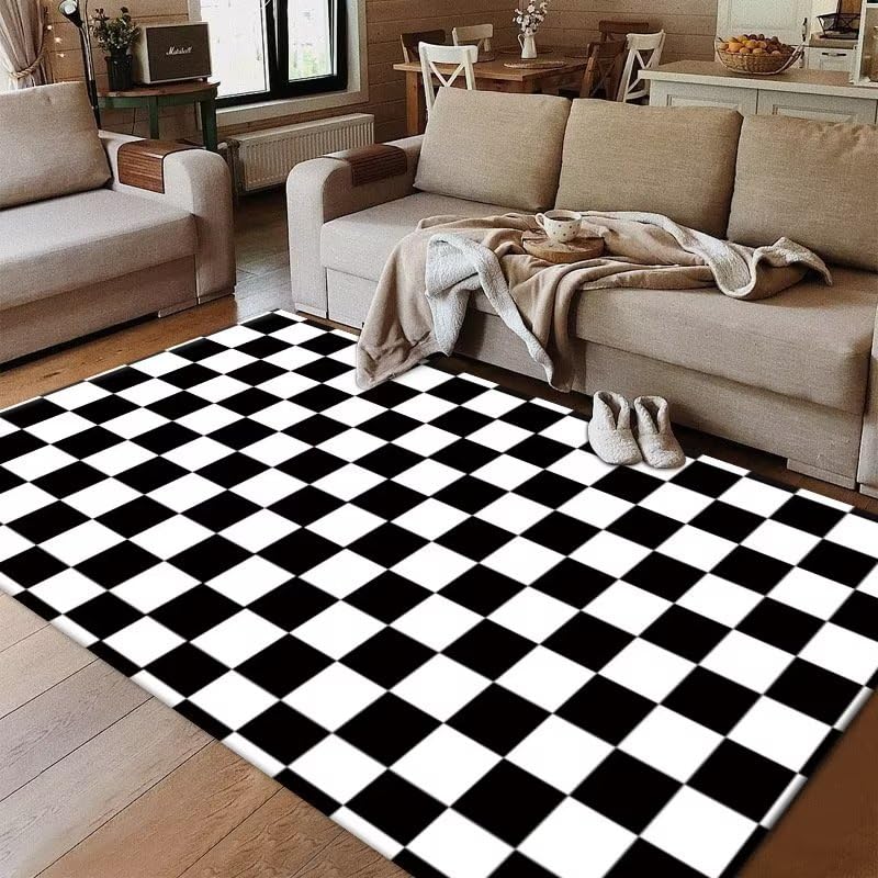 Tapis haut de gamme minimaliste noir à motif petits carreaux géométriques 100x160