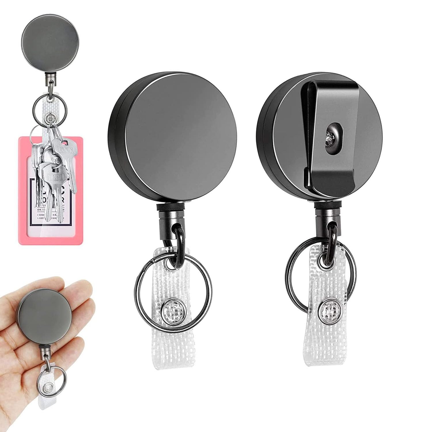 JoyzzzJoyzzz Heavy Duty Retractable Badge Holder Reel, 2 pcs Metal ID Badge Holder with Belt Clip Key Ring, All Metal Casing 70cm Kevlar Cord, Non-breakable Reinforced Id Strap for Name Card Keychain