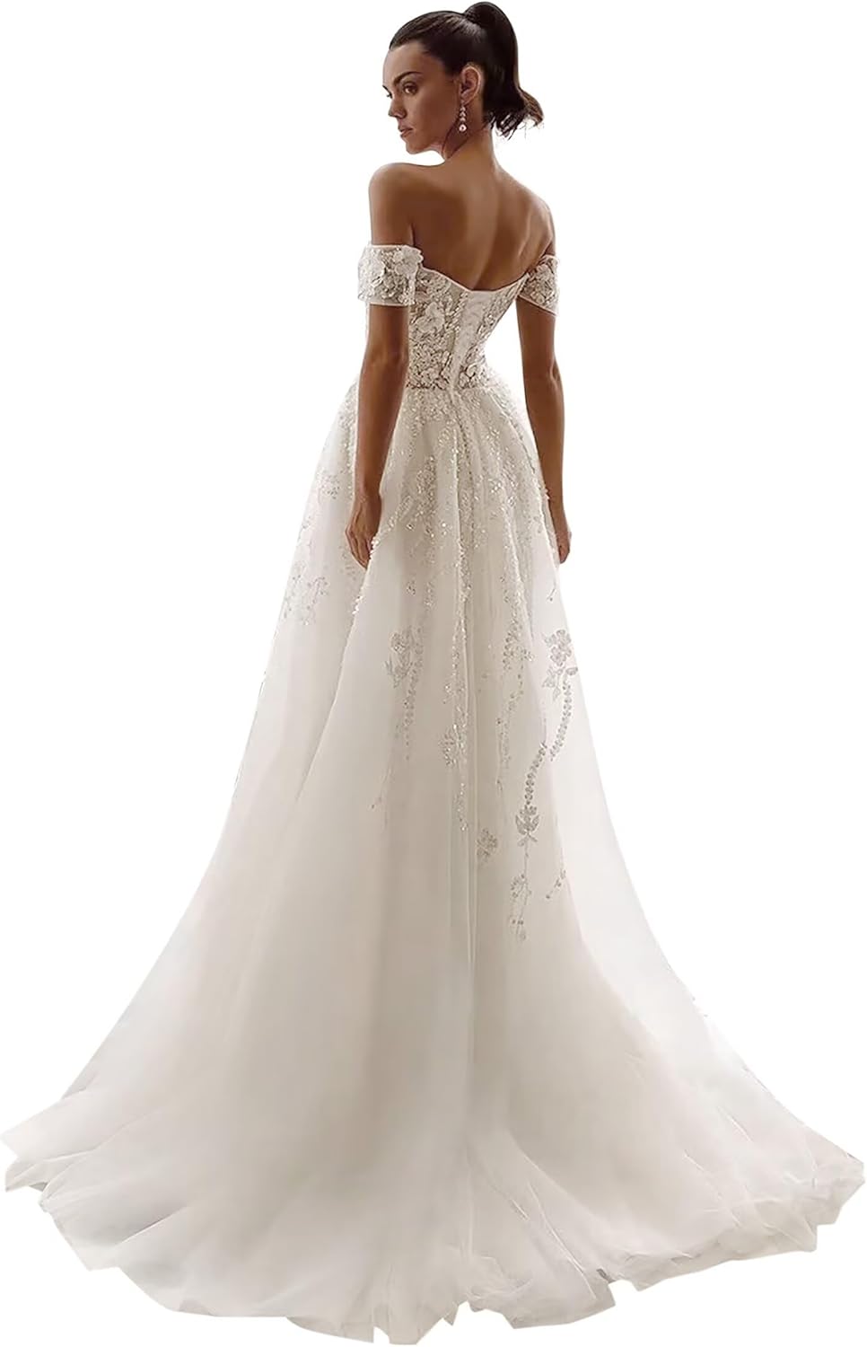 Tulle A Line Wedding Dresses Off Shoulder Wedding Gowns Sparkly Lace Applique Boho Bridal Gowns for Bride