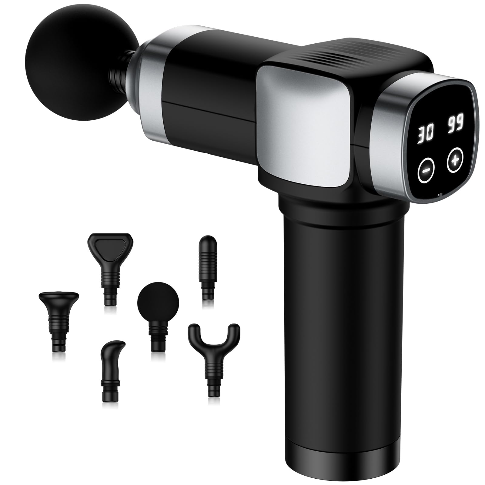 Pistolet de massage des tissus profonds, masseur musculaire électrique à percussion portable pour soulager la douleur, masseur portable avec 30 vitesses et 6 accessoires pour le dos et le cou