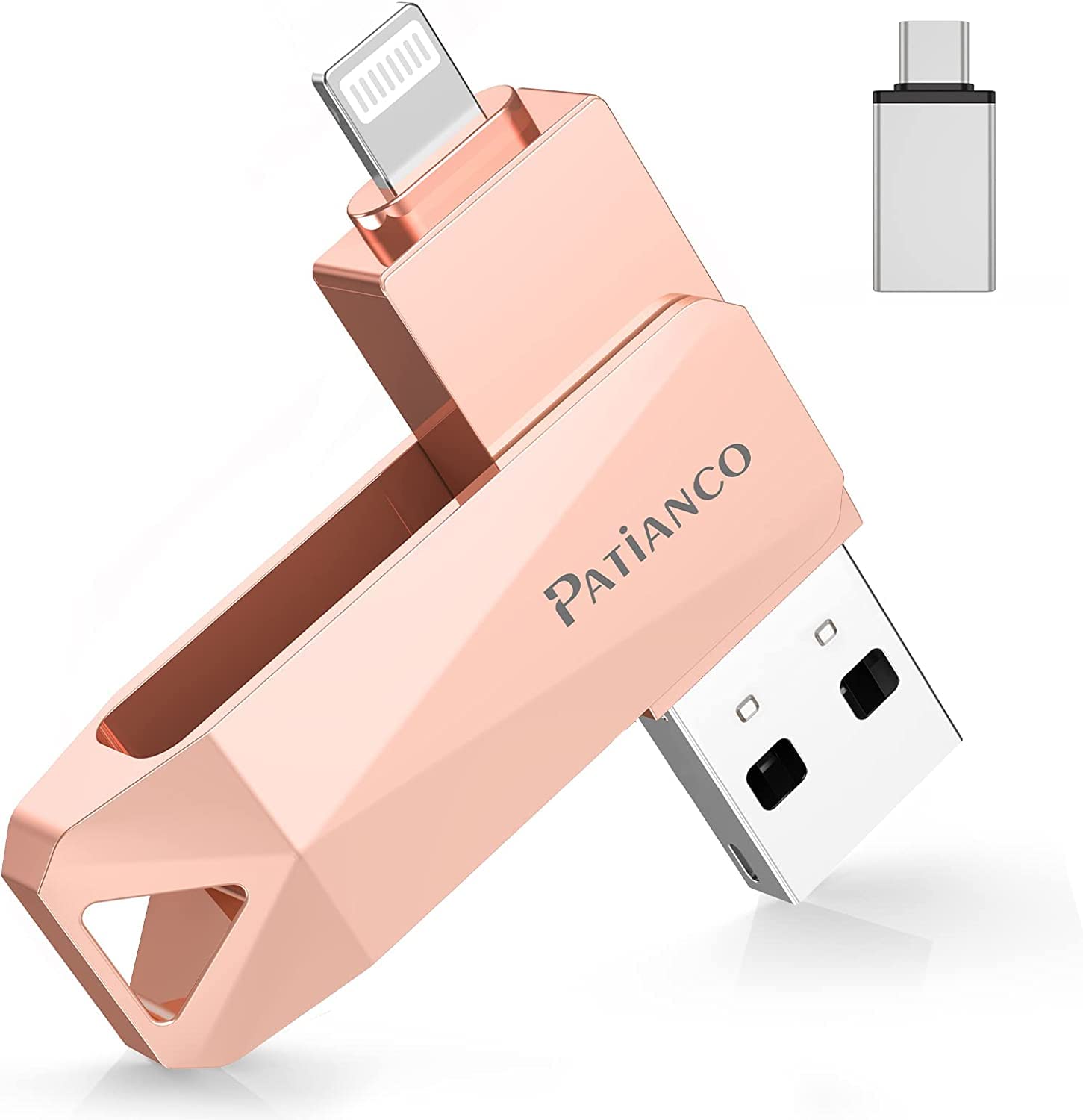 Patianco Chiavetta USB per iPhone 256GB [MFi Certified] USB 3.0 Pendrive per Lightning Chiave USB C Memoria Stick 3 in 1 Backup Rapido con un Clic per OTG Android/Mac/PC/Type C-iPhone/iPad(256GB,Rosa)