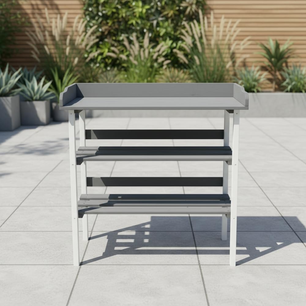 Melko Pflanztisch aus Holz mit verzinkter Arbeitsplatte, Gartenarbeitstisch mit 2 Ablagen & 3 Haken, Pflanzregal/Beistelltisch für Balkon, Terrasse & Gewächshaus, 84 × 78 × 38 cm