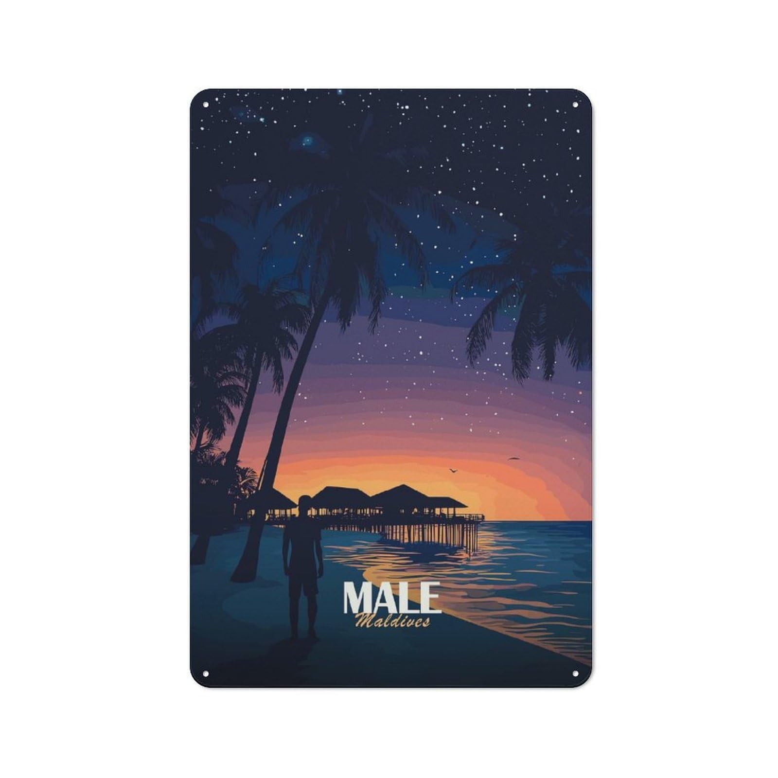 Junmoney Men's Maldives At Night Metal Wall Art Sign With Design 30X20cm, Urban Industrial Wall Decor For Workspace, Cafe, Hallway Or Garage